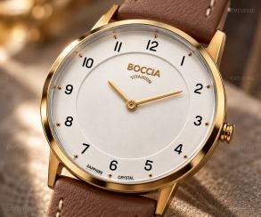 3254-02 Boccia Ladies Golden Titanium Sapphire Brown Leather 32mm
