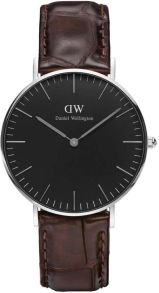 ADW00100146 DW dameur med sort skive og brun læderrem - Daniel Wellington Classic Black York Sølvfarvet 36mm DW00100146