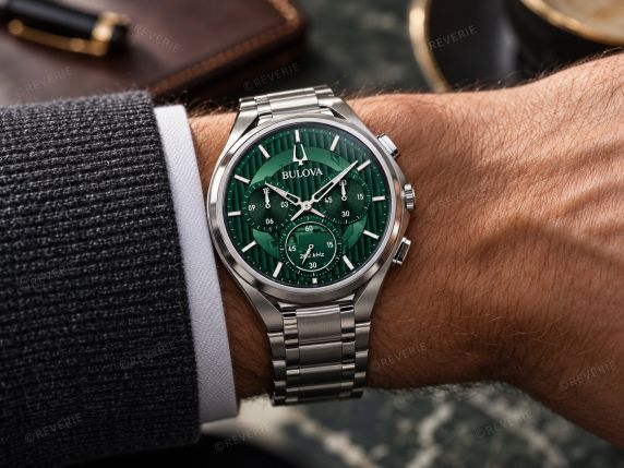 Curved Bulova Mens Steel Green Sapphire 44mm