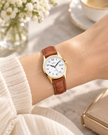 Inex Ladies Golden White Brown Leather 30mm