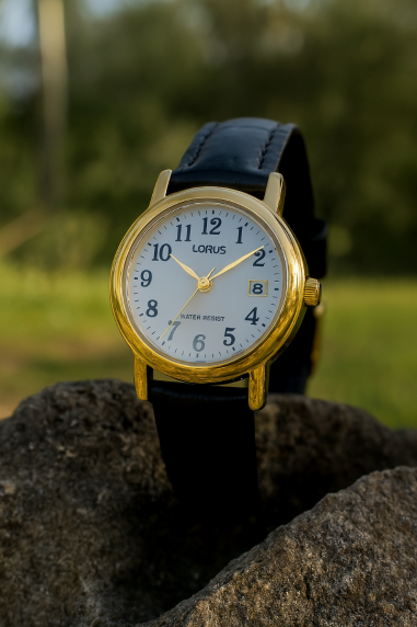 Lorus Ladies Golden Case Black Leather